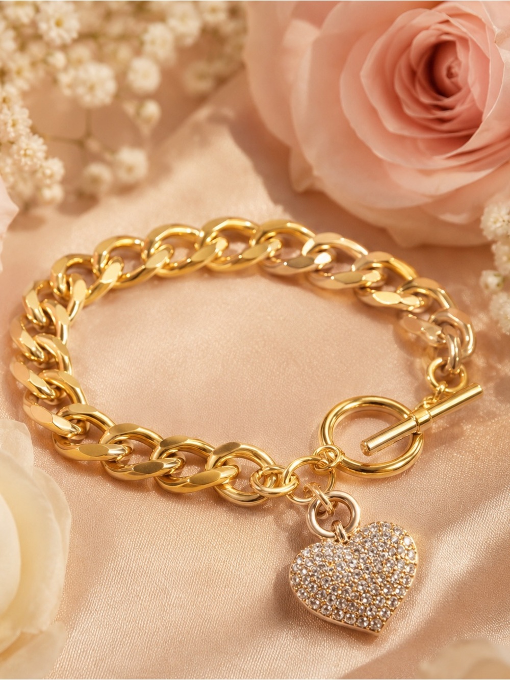 Gold Heart Charm Chain Bracelet - Elegant Women's Jewelry